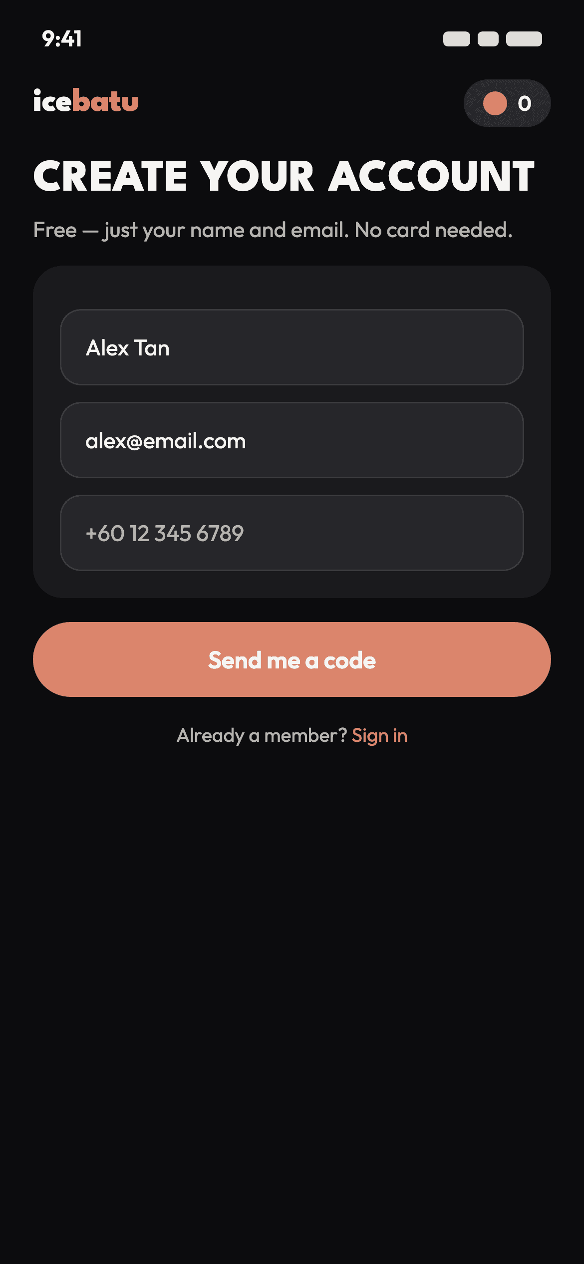 Sign-up screen of the icebatu app