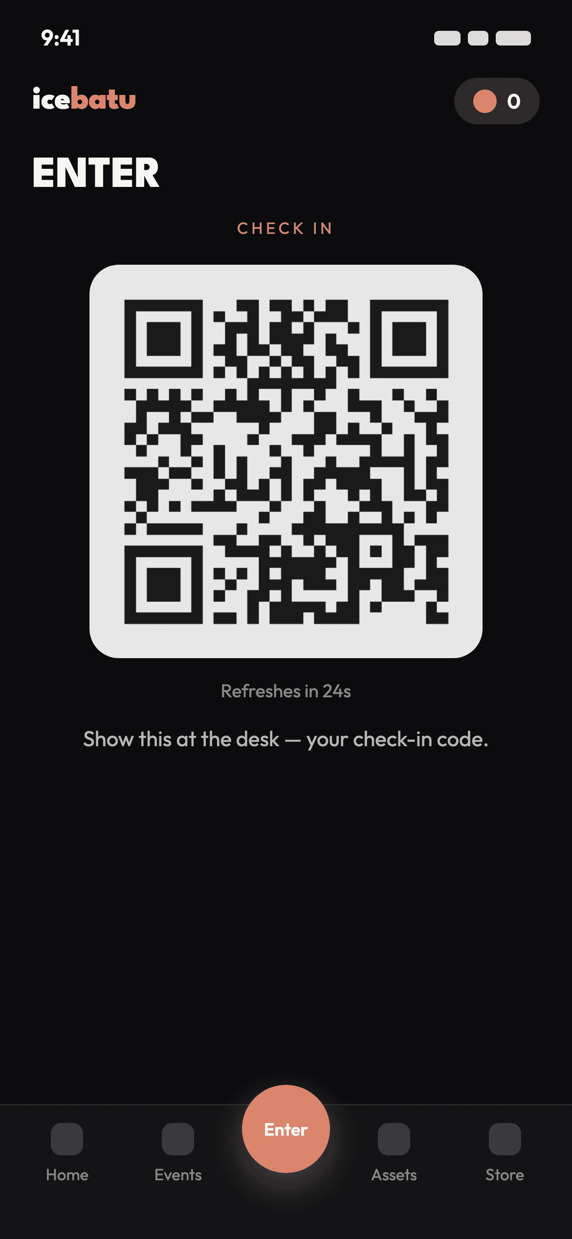 Check-in QR screen of the icebatu app